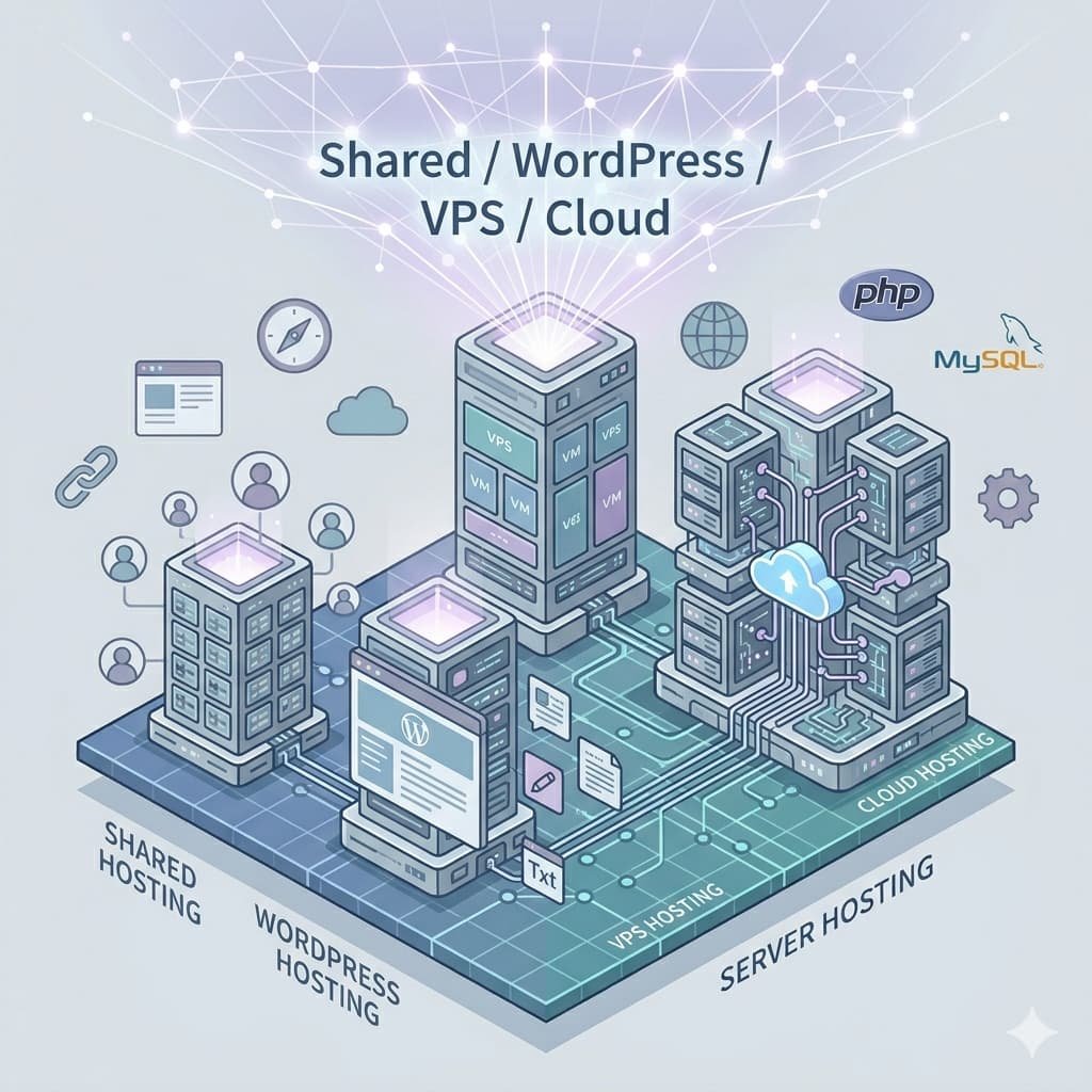 типы хостинга для начинающих, типы хостинга, shared хостинг, vps hosting, managed wordpress, как выбрать хостинг